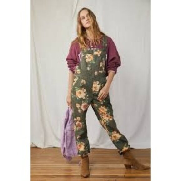 WE The Free Sz 25 Floral Patterned Olive Green Denim Overalls For Women - Picture 1 of 7